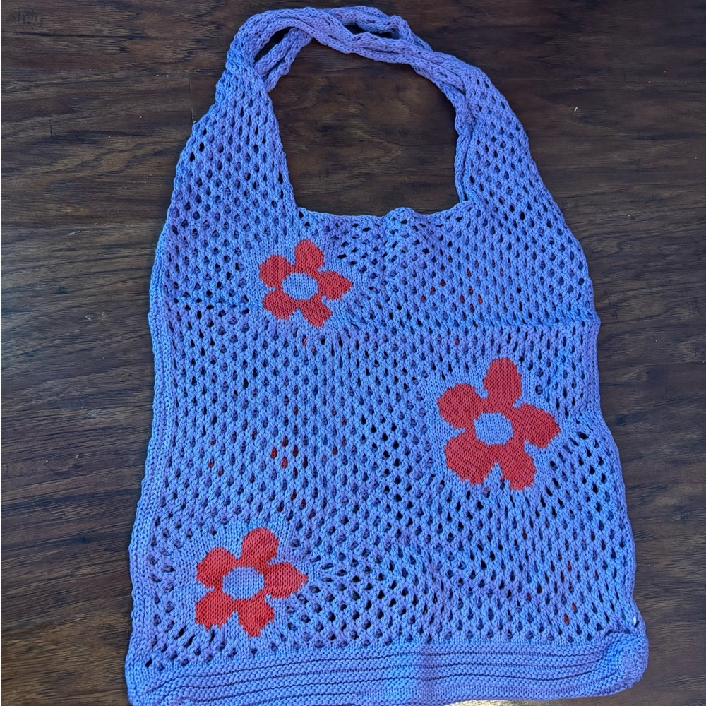 Purple Knit Tote Bag with Red Flowers